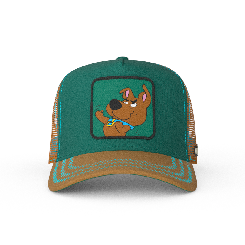 Teal Scooby-Doo fighting Scrappy trucker baseball cap hat with turquoise zig zag stitching. PVC Overlord logo.
