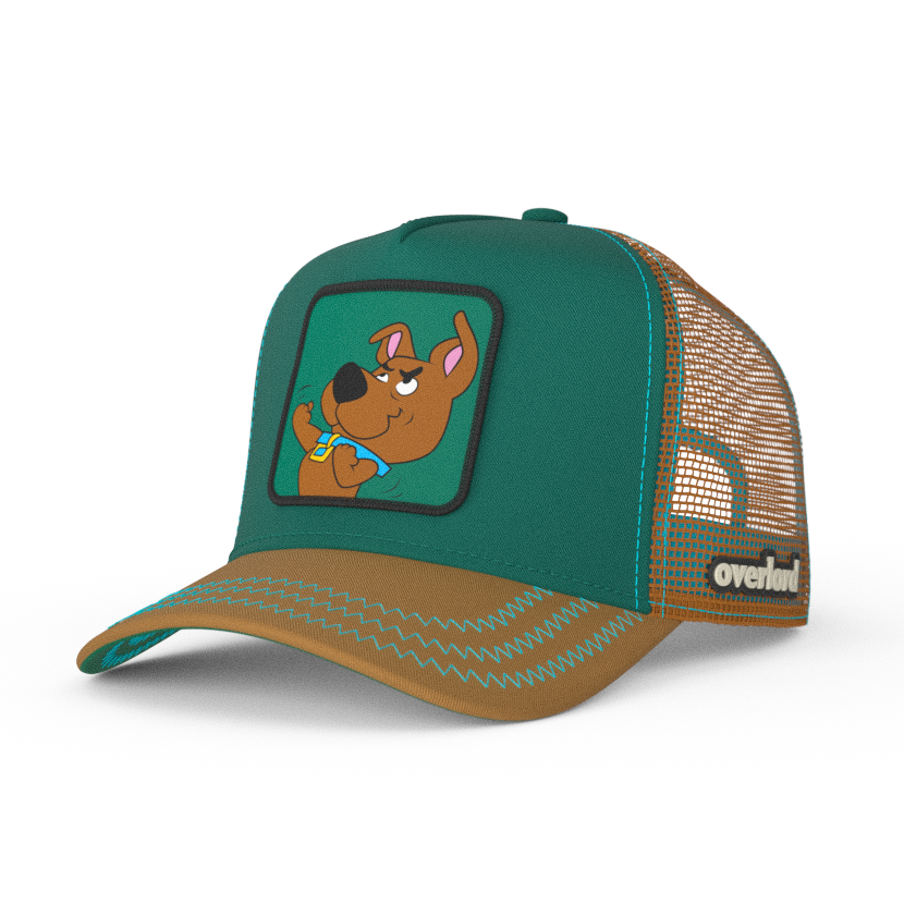 Teal and light brown Scooby-Doo fighting Scrappy trucker baseball cap hat with turquoise zig zag stitching. PVC Overlord logo.