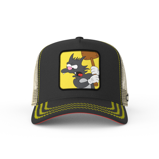 Black OVERLORD X The Simpsons Scratchy the cat trucker baseball cap hat with yellow zig zag stitching. PVC Overlord logo.