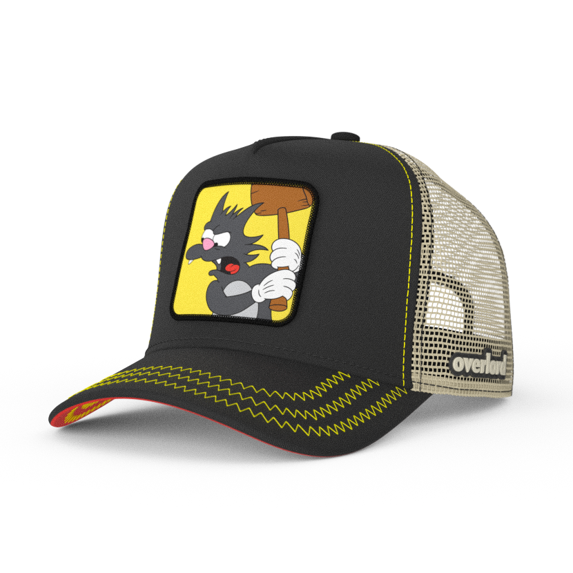Black OVERLORD X The Simpsons Scratchy the cat trucker baseball cap hat with yellow zig zag stitching. PVC Overlord logo.