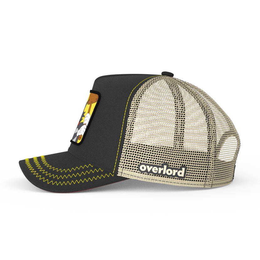 Black OVERLORD X The Simpsons Scratchy the cat holding a mallet trucker baseball cap hat with khaki mesh. PVC Overlord logo.
