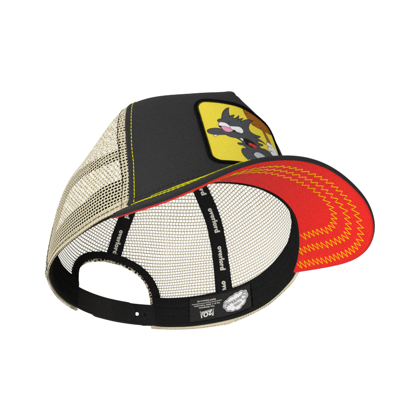 Black OVERLORD X The Simpsons Scratchy the cat trucker baseball cap hat with black sweatband and red under brim.