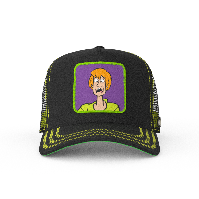 Black OVERLORD X Scooby-Doo scared Shaggy trucker baseball cap hat with lime green zig zag stitching. PVC Overlord logo.