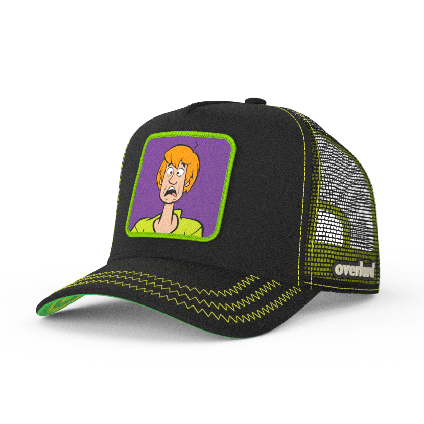 Black OVERLORD X Scooby-Doo scared Shaggy trucker baseball cap hat with lime green zig zag stitching. PVC Overlord logo.