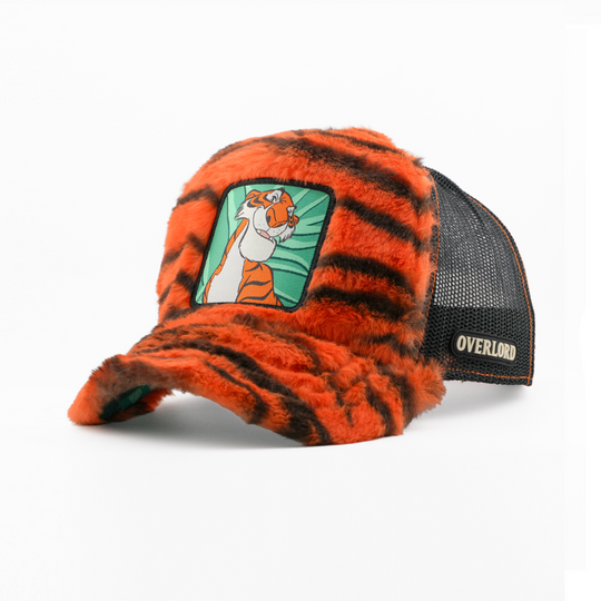 Orange tiger-striped cap with a cartoon character patch on a white background