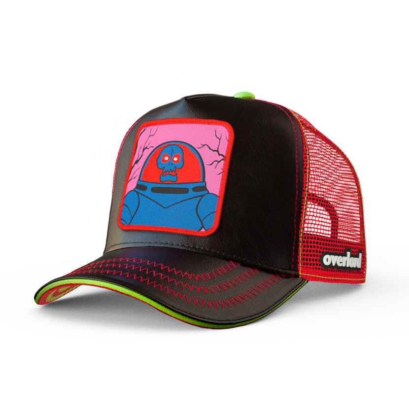 Black faux leather trucker cap with red mesh featuring a woven patch of Space Kook villain from Scooby Doo attached to the crown.