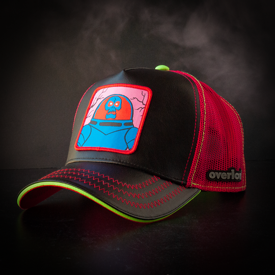 Black faux leather trucker cap with red mesh featuring a woven patch of Space Kook villain from Scooby Doo attached to the crown.