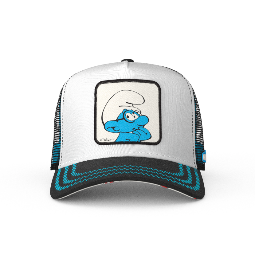 Black and white twill trucker cap with black mesh featuring a woven patch of Brainy Smurf from the Smurfs attached to crown