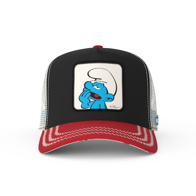 Black and red twill trucker cap with cream mesh featuring a woven patch with Lazy Smurf from the Smurfs attached to crown