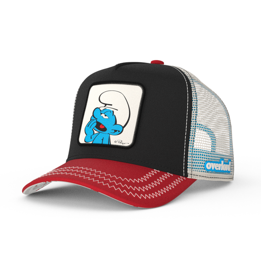 Black and red twill trucker cap with cream mesh featuring a woven patch with Lazy Smurf from the Smurfs attached to crown