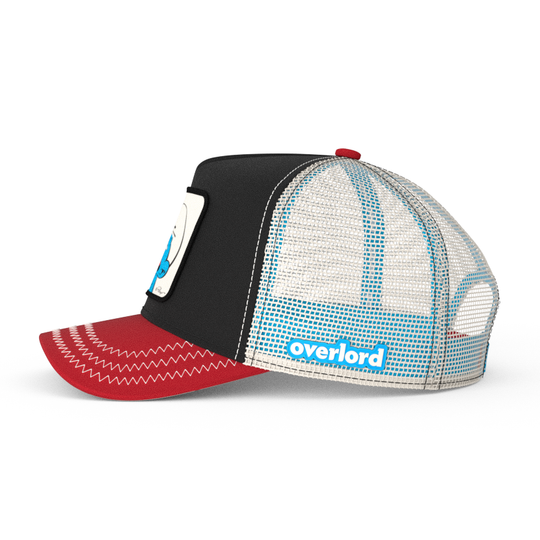 Black and red twill trucker cap with cream mesh featuring a woven patch with Lazy Smurf from the Smurfs attached to crown