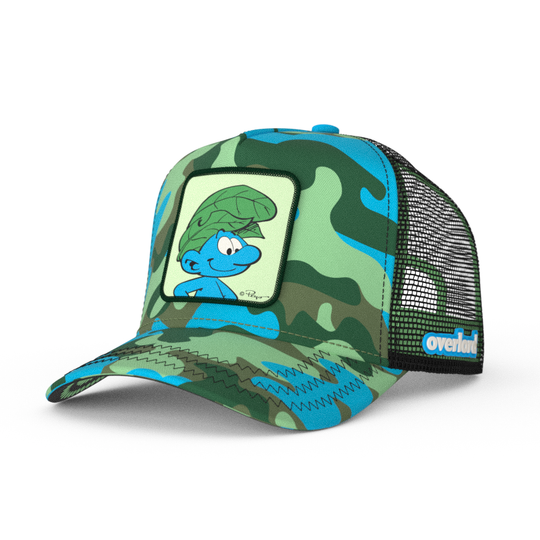 Turquoise and green camo trucker cap with black mesh featuring a woven patch of Wild Smurf from the Smurfs attached to the crown