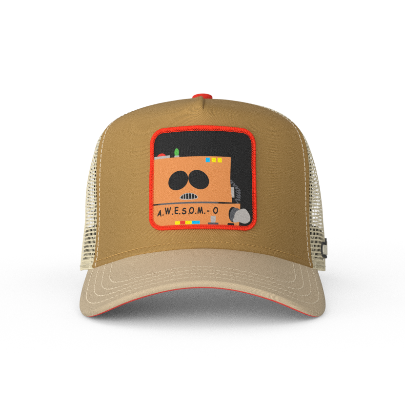 Tan and khaki OVERLORD X South Park A.W.E.S.O.M-O robot trucker baseball cap hat with khaki stitching. PVC Overlord logo.