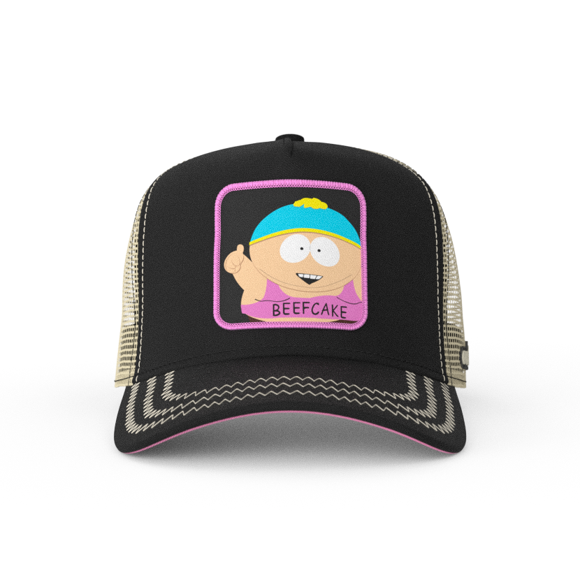 Black OVERLORD X South Park Cartman Beefcake trucker baseball cap hat with khaki zig zag  stitching. PVC Overlord logo.