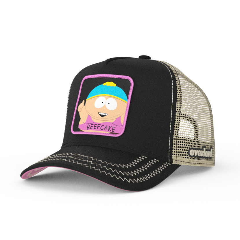 Black OVERLORD X South Park Cartman Beefcake trucker baseball cap hat with khaki zig zag stitching. PVC Overlord logo.