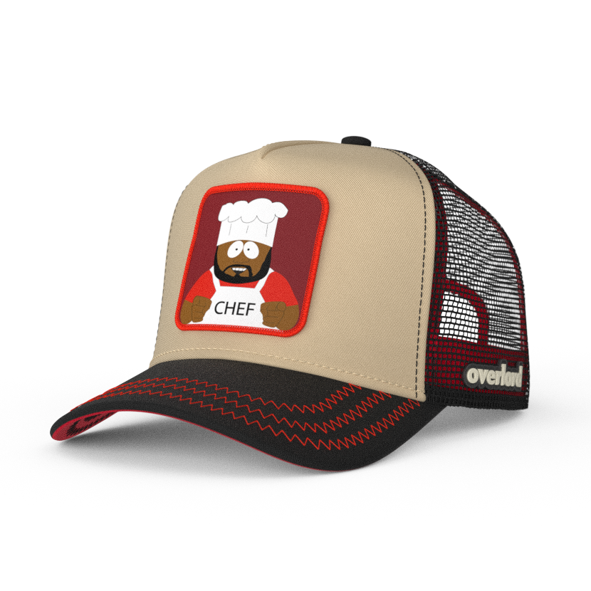 Tan and black OVERLORD X South Park Chef trucker baseball cap hat with red zig zag stitching. PVC Overlord logo.