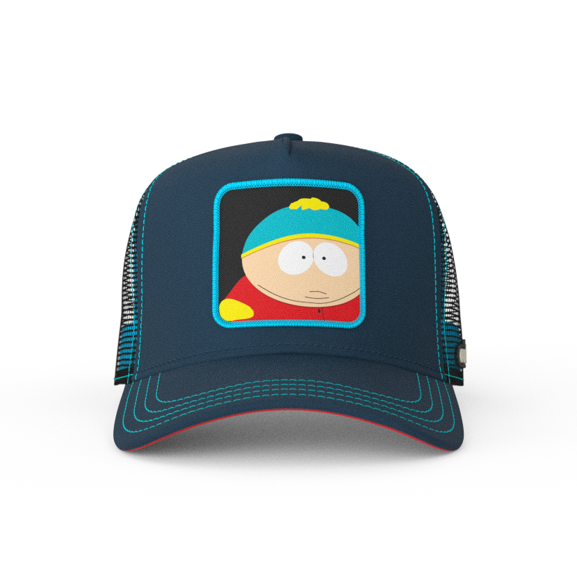 Navy South Park Eric Cartman trucker baseball cap hat with turquoise stitching. PVC Overlord logo.