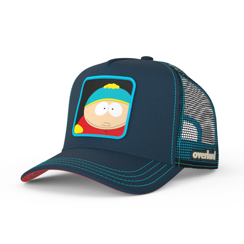 Navy South Park Eric Cartman trucker baseball cap hat with aqua stitching. PVC Overlord logo.