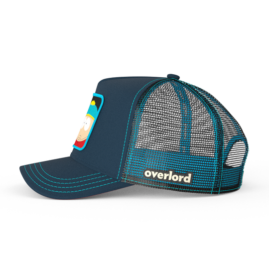 Navy South Park Eric Cartman trucker baseball cap hat with black mesh. PVC Overlord logo.