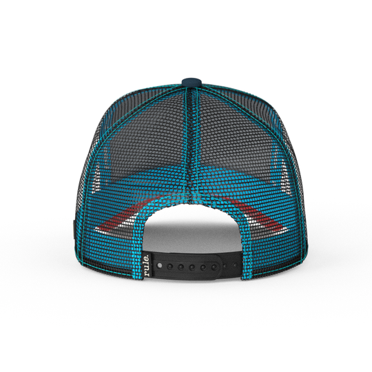 Navy South Park Eric Cartman trucker baseball cap hat with black mesh and black adjustable strap. PVC Overlord logo.