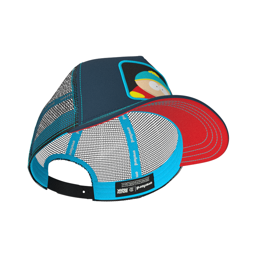 Navy South Park Eric Cartman trucker baseball cap hat with turquoise sweatband and red under brim.