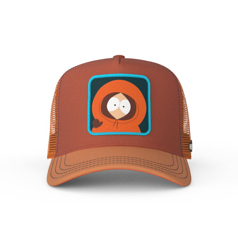 Red brown and rust OVERLORD X South Park Kenny waving trucker baseball cap hat with navy stitching. PVC Overlord logo.