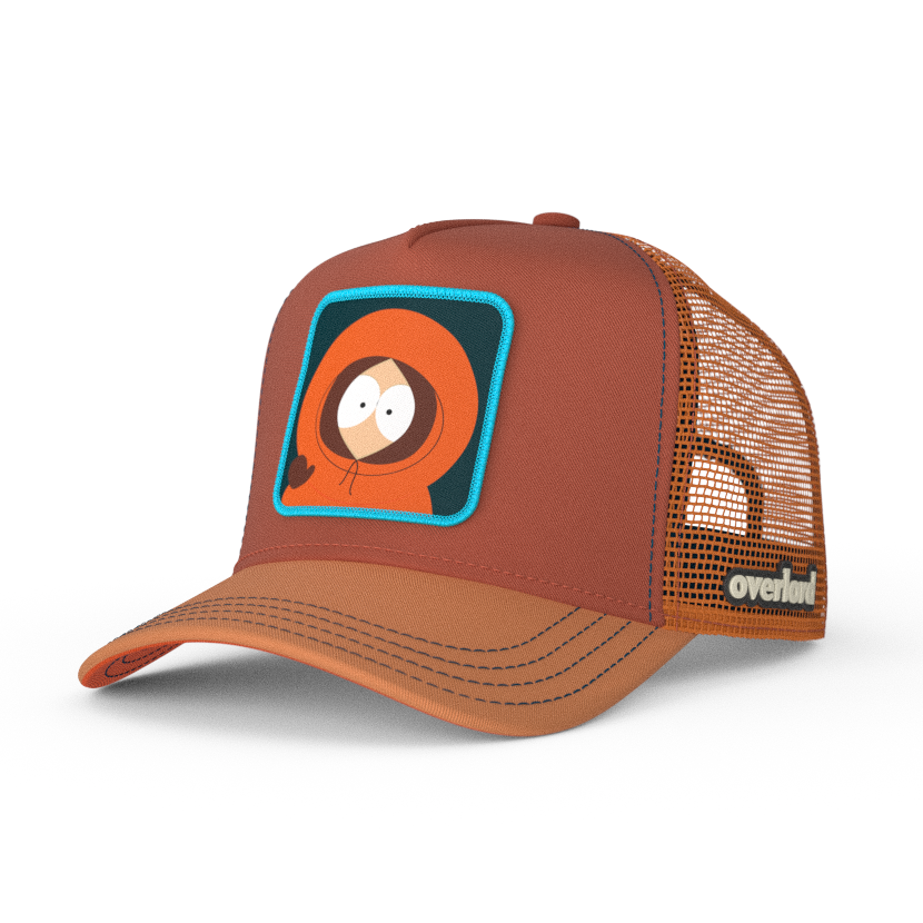 Red brown and rust OVERLORD X South Park Kenny waving trucker baseball cap hat with navy stitching. PVC Overlord logo.