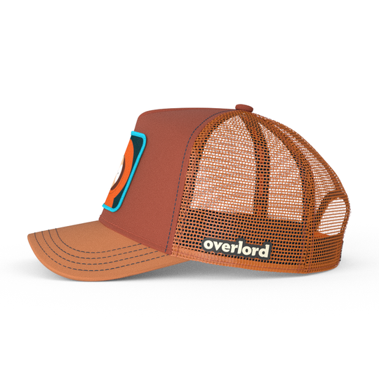 Red brown and rust OVERLORD X South Park Kenny waving trucker baseball cap hat with rust mesh.