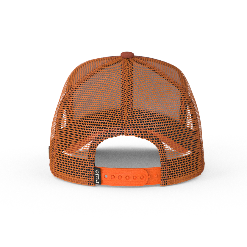 Red Brown and rust OVERLORD X South Park Kenny waving trucker baseball cap hat with rust mesh and orange adjustable strap.