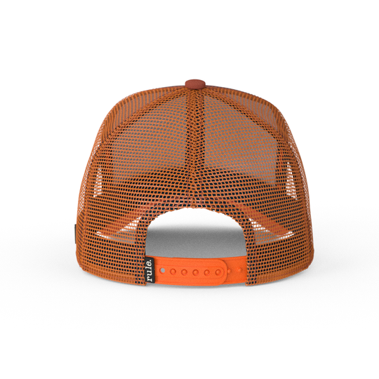 Red Brown and rust OVERLORD X South Park Kenny waving trucker baseball cap hat with rust mesh and orange adjustable strap.