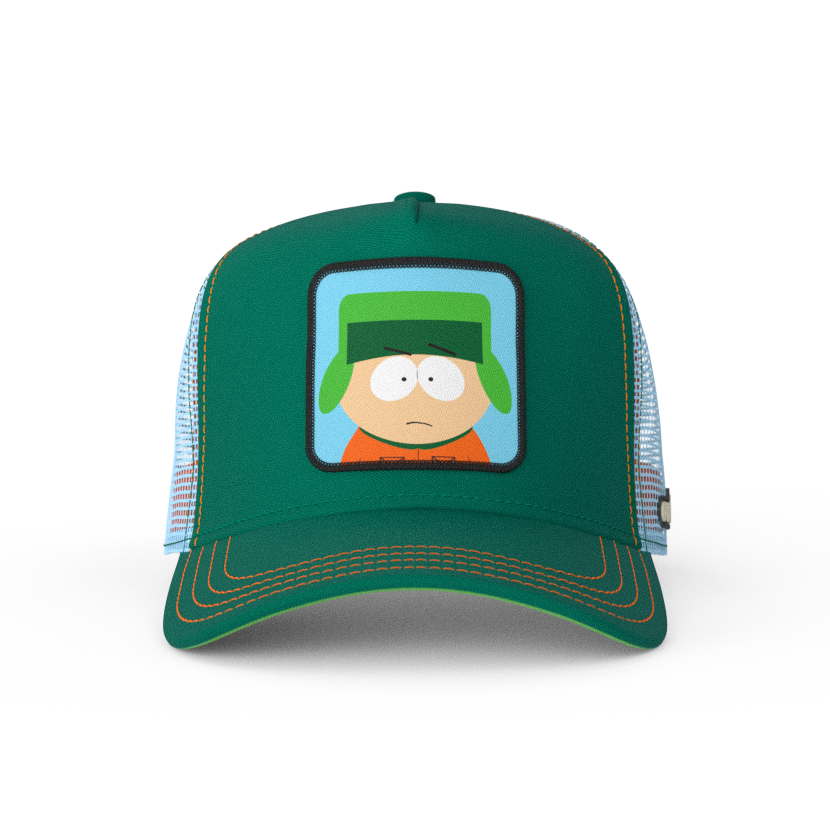 Green OVERLORD X South Park Kyle trucker baseball cap hat with orange stitching. PVC Overlord logo.