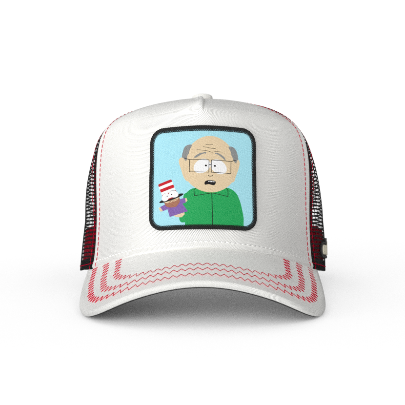 White OVERLORD X South Park Mr. Garrison trucker baseball cap hat with red zig zag stitching. PVC Overlord logo.