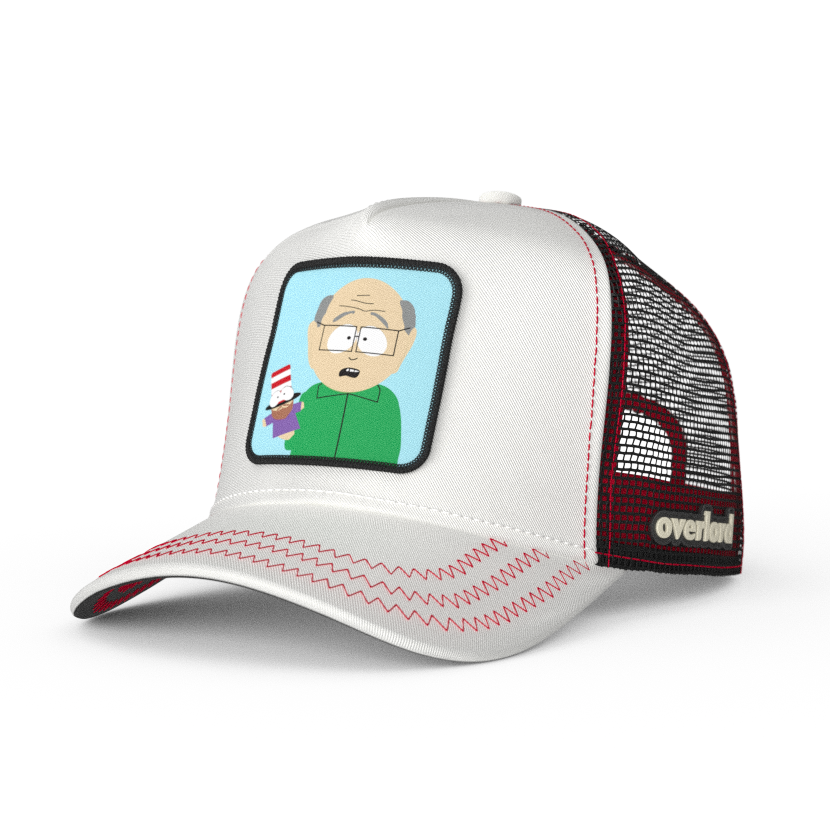 White OVERLORD X South Park Mr. Garrison trucker baseball cap hat with red zig zag stitching. PVC Overlord logo.