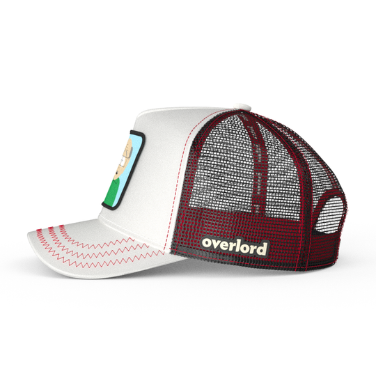 White OVERLORD X South Park Mr. Garrison trucker baseball cap hat with black mesh. PVC Overlord logo.