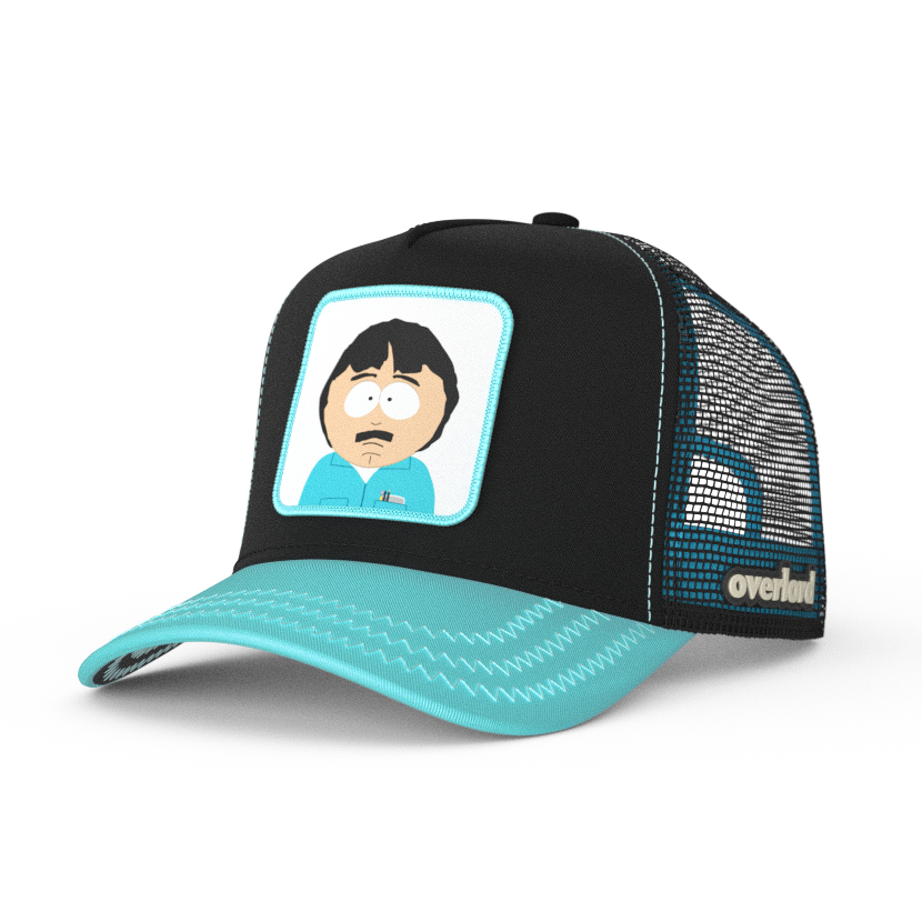 Black and turquoise twill trucker cap featuring a woven patch of Randy Marsh from South Park attached to the crown