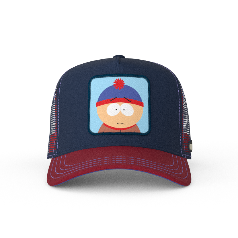 Navy and red OVERLORD X South Park Stan trucker baseball cap hat with dark red brim. PVC Overlord logo.
