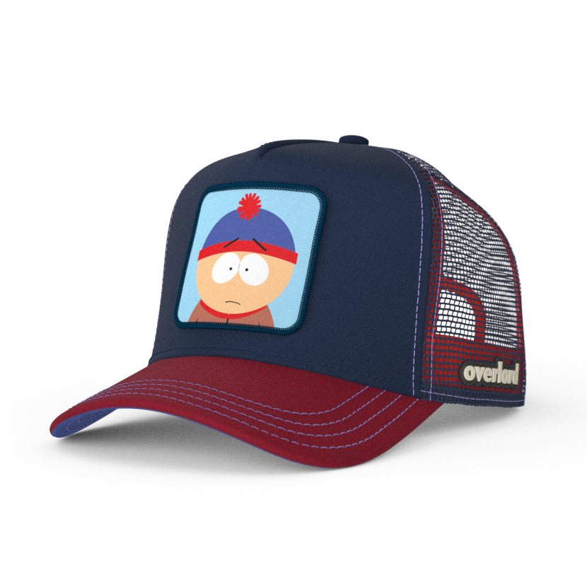 Navy and red OVERLORD X South Park Stan trucker baseball cap hat with blue stitching. PVC Overlord logo.