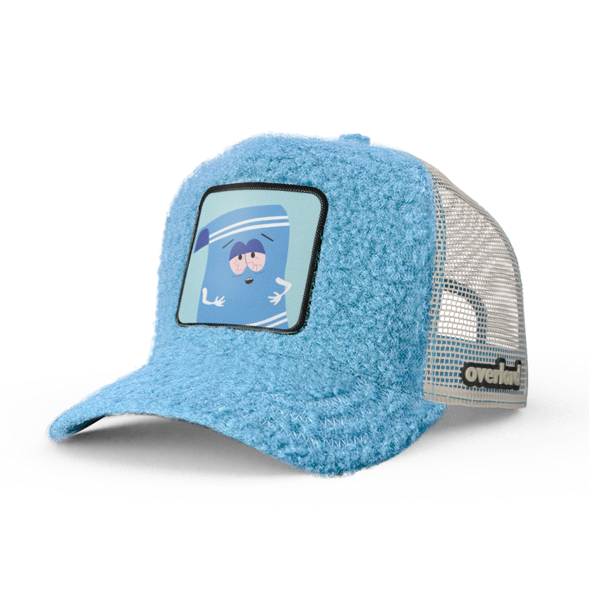 Blue sherpa OVERLORD X South Park Towelie trucker baseball cap hat with white zig zag stitching. PVC Overlord logo.