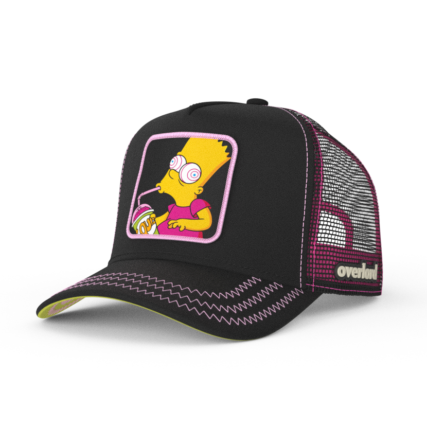 Black OVERLORD X The Simpsons Bart drinking out of Squishee cup trucker baseball cap hat with pink zig zag stitching. PVC Overlord logo.