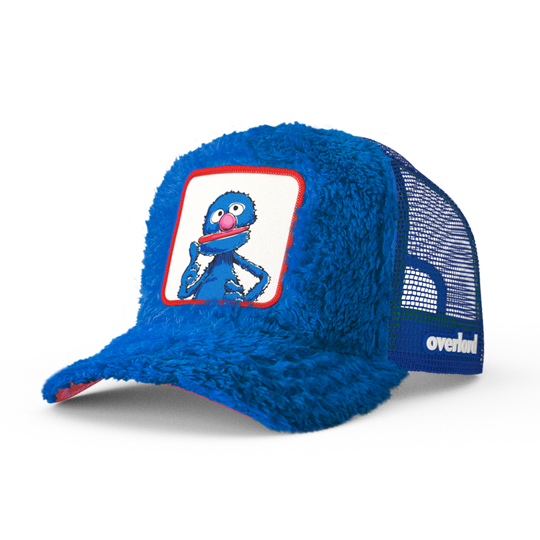 Blue faux fur trucker cap hat featuring Grover from Sesame Street on woven patch attached to crown