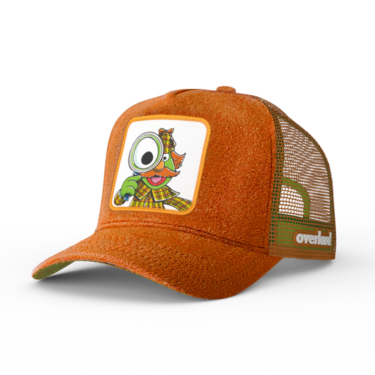 Brown cashmere wool trucker cap hat featuring Sherlock Hemlock from Sesame Street on woven patch attached to crown