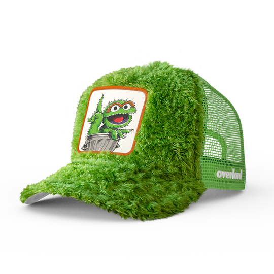 Green faux fur trucker cap hat featuring Oscar the Grouch from Sesame Street on woven patch attached to crown