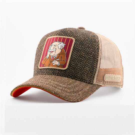 Tweed-textured brown herringbone retro trucker cap with a patch of Statler from The Muppets on a maroon striped background, tan mesh back with tan Overlord logo.