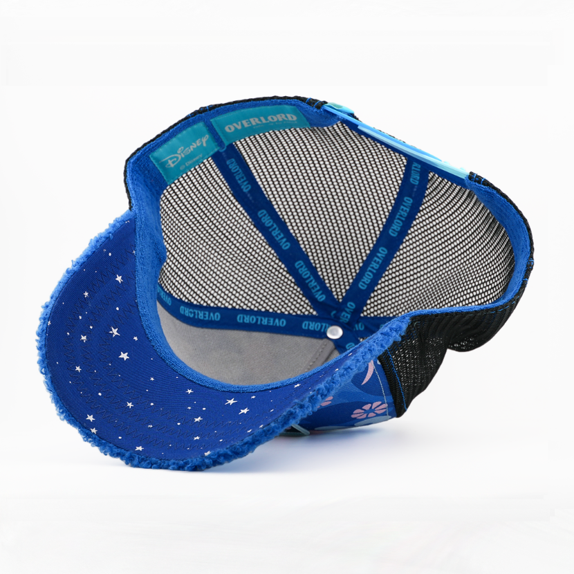 A blue Disney Overlords baseball cap shown from the inside, featuring a starry blue brim, gray mesh back panels, and blue adjustable straps.