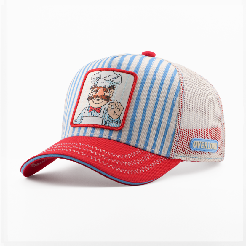 Blue and white striped retro trucker cap with a red brim and a patch of the Swedish Chef from The Muppets, white mesh back with blue Overlord logo.