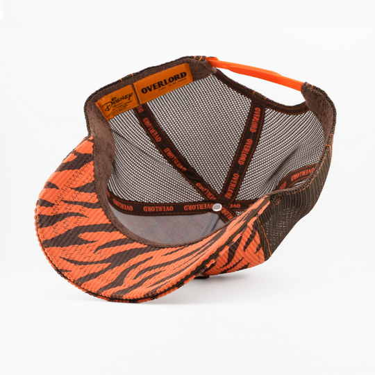 Orange and black tiger striped cap with brown mesh back on a white background