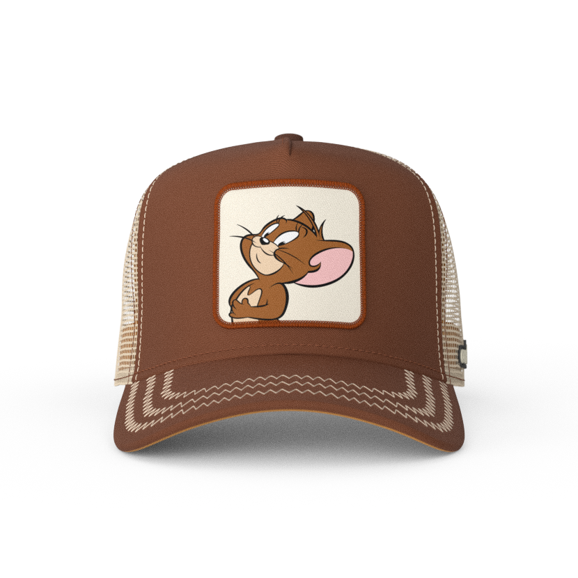 Brown OVERLORD X Tom and Jerry Jerry mouse trucker baseball cap hat with khaki zig zag stitching. PVC Overlord logo.