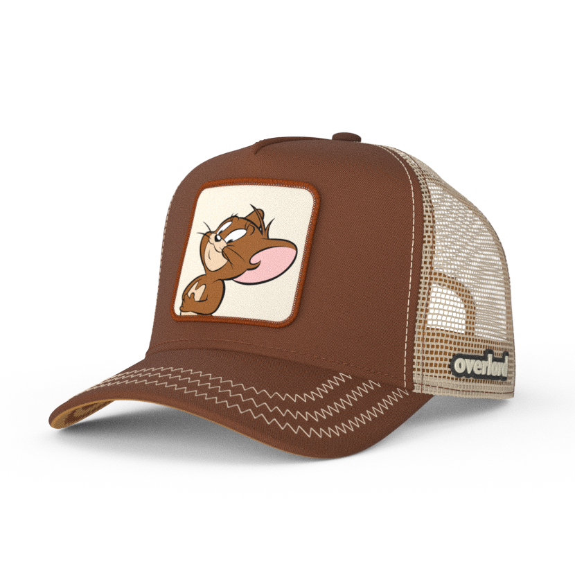 Brown OVERLORD X Tom and Jerry Jerry mouse trucker baseball cap hat with khaki zig zag stitching. PVC Overlord logo.