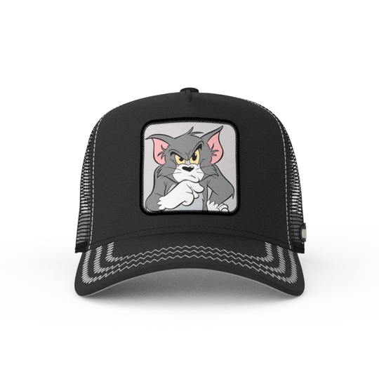 Black OVERLORD X Tom and Jerry Tom cat trucker baseball cap hat with gray zig zag stitching. PVC Overlord logo.