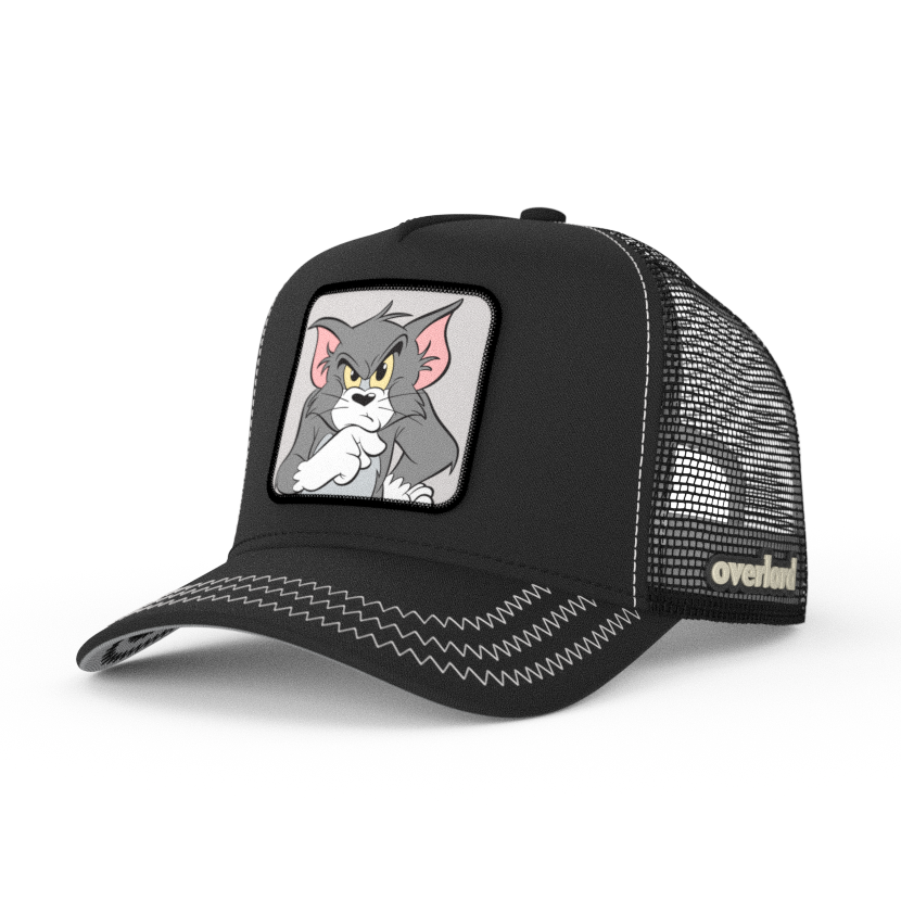 Black OVERLORD X Tom and Jerry Tom cat trucker baseball cap hat with gray zig zag stitching. PVC Overlord logo.